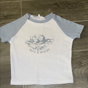 White crop top with baby blue sleeves